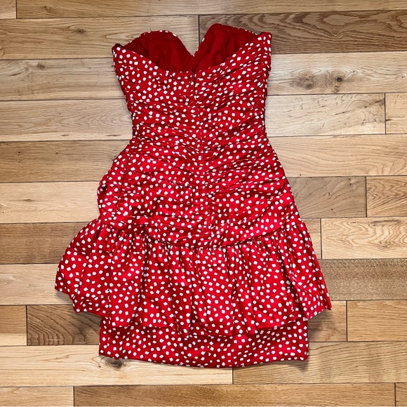 Vintage Mignon Red w White Polka Dot Strapless Mini Dress Ruffles Flower Size S - Picture 8 of 9